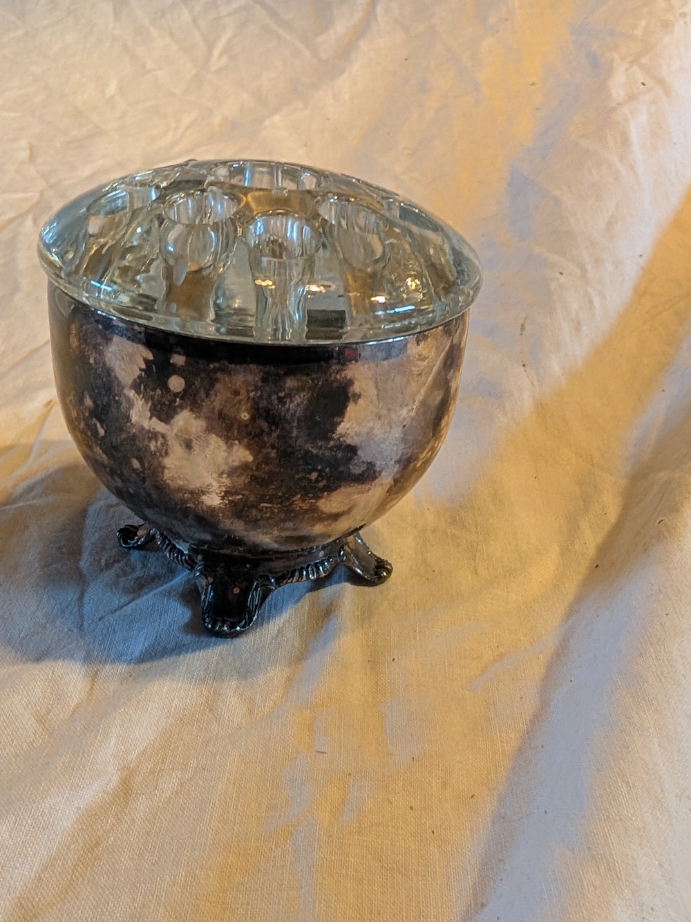 2/160$ Vintage Silver and Clear Glass Flower Frog Bowl